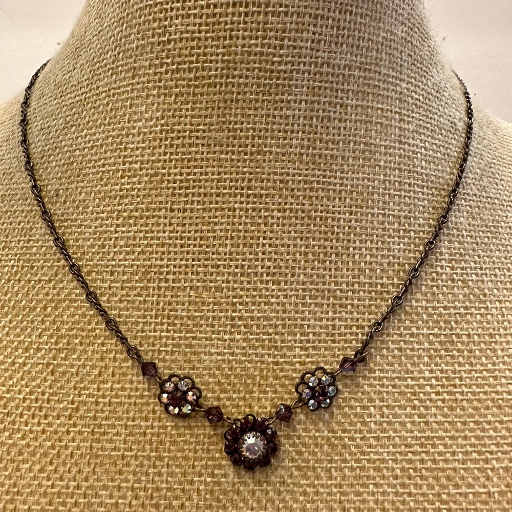 Liz Paiacios Necklace- Vintage.  Antiqued gold with Swarovski crystals flowers